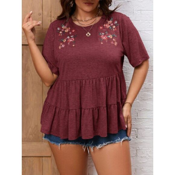 SHEIN Tops - Floral Embroidery Ruffle Hem Tee - 2XL